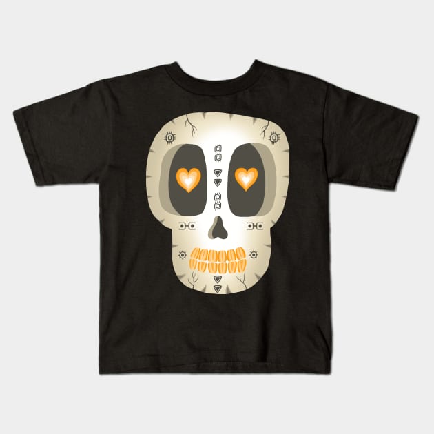 Cute Skull- Dia De Los Muertos- Beige Sugar Skull -Orange Heart eyes Kids T-Shirt by Scriptnbones